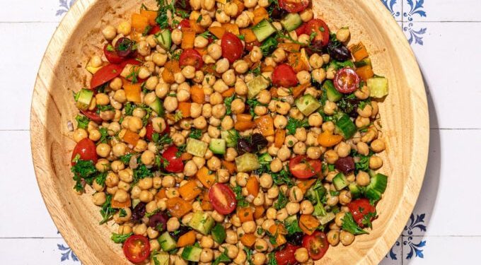 Greek-ish Chickpea Salad with Creamy Balsamic Dressing