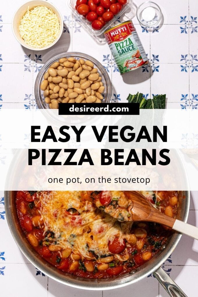 pinterest graphic of skillet of cheesy pizza beans beside bowls of white beans, vegan cheese and cherry tomatoes