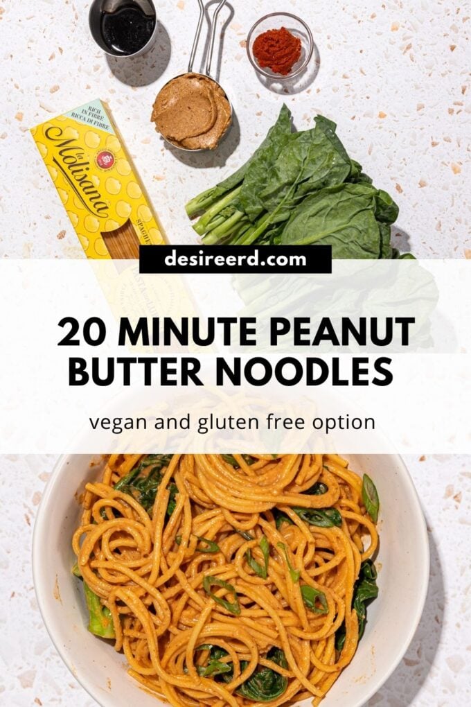 pinterest graphic featuring a white bowl of peanut butter noodles next to the ingredients: pasta, choy sum, bowls of peanut butter, curry paste and soy sauce